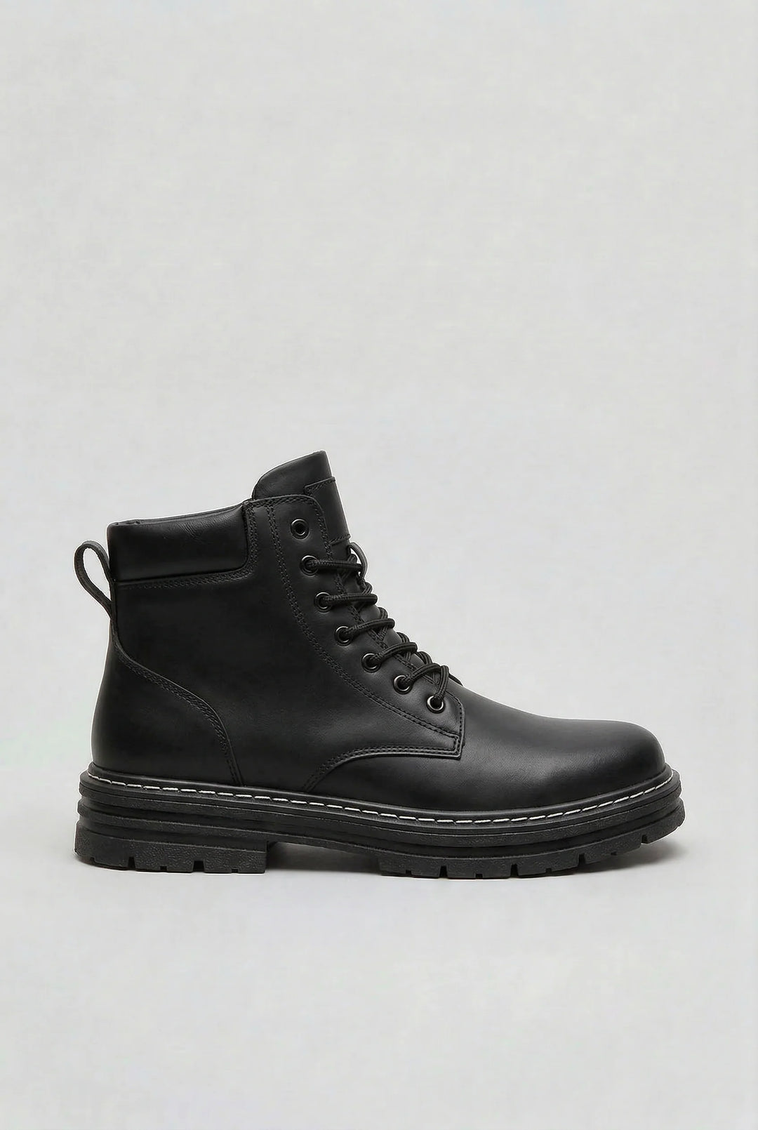 Men's lace-up boots in light grey with structured upper and rugged sole design