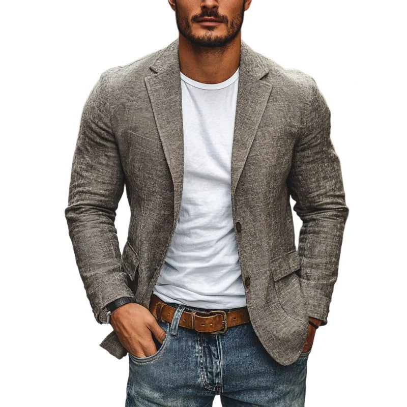 Men's linen blazer in grey with single-breasted closure and notch lapel over white t-shirt