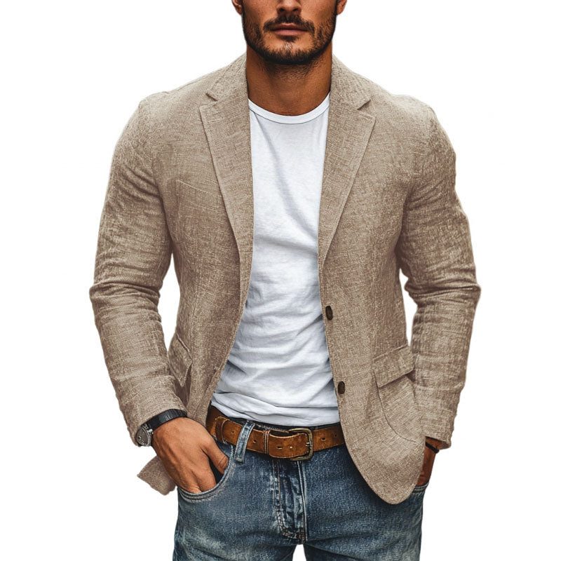 Relaxed-fit men's linen blazer with patch pockets and open-weave fabric texture detail