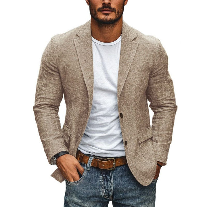 Relaxed-fit men's linen blazer with patch pockets and open-weave fabric texture detail