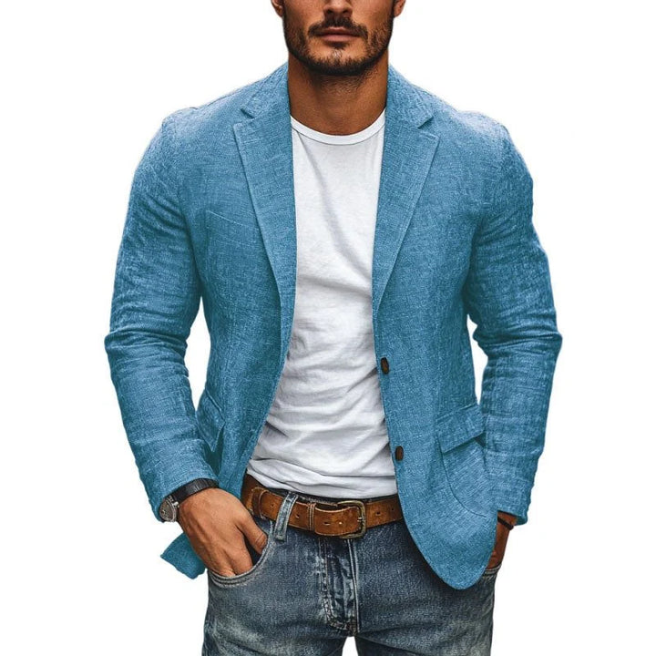 Casual men's linen blazer styled with jeans and brown belt for smart-casual look