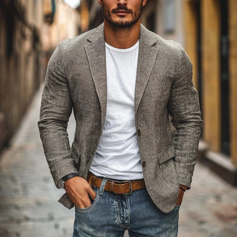 Single-button men's linen blazer showing comfortable shoulder fit and sleeve length