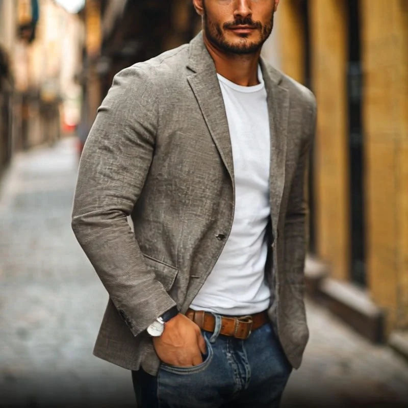 Men's linen blazer front view displaying notch lapel and single-breasted button closure