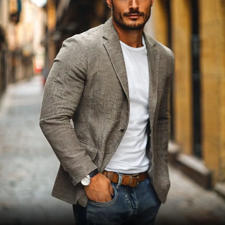 Men's linen blazer front view displaying notch lapel and single-breasted button closure