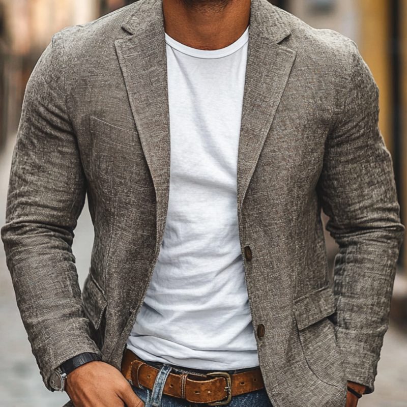 Lightweight men's linen blazer in grey worn over casual white tee and denim