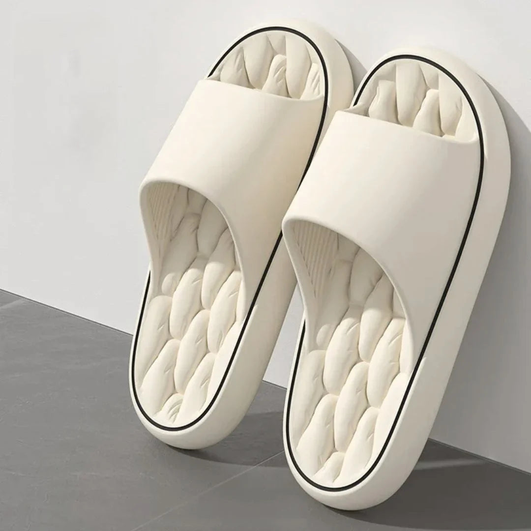 Side angle of men's slip-on massage slides with contoured sole and open-toe design