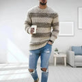Men's crew neck jumper with horizontal stripe pattern in neutral tones and chunky knit texture