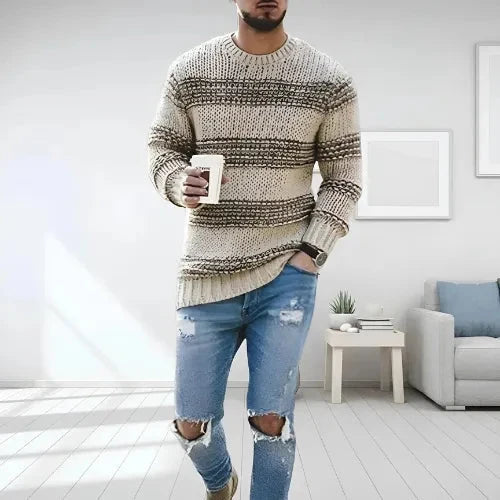 Men's crew neck jumper with horizontal stripe pattern in neutral tones and chunky knit texture