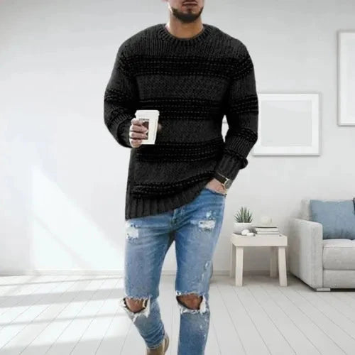 Close-up of striped knit jumper showing textured stitch detail and crew neckline construction