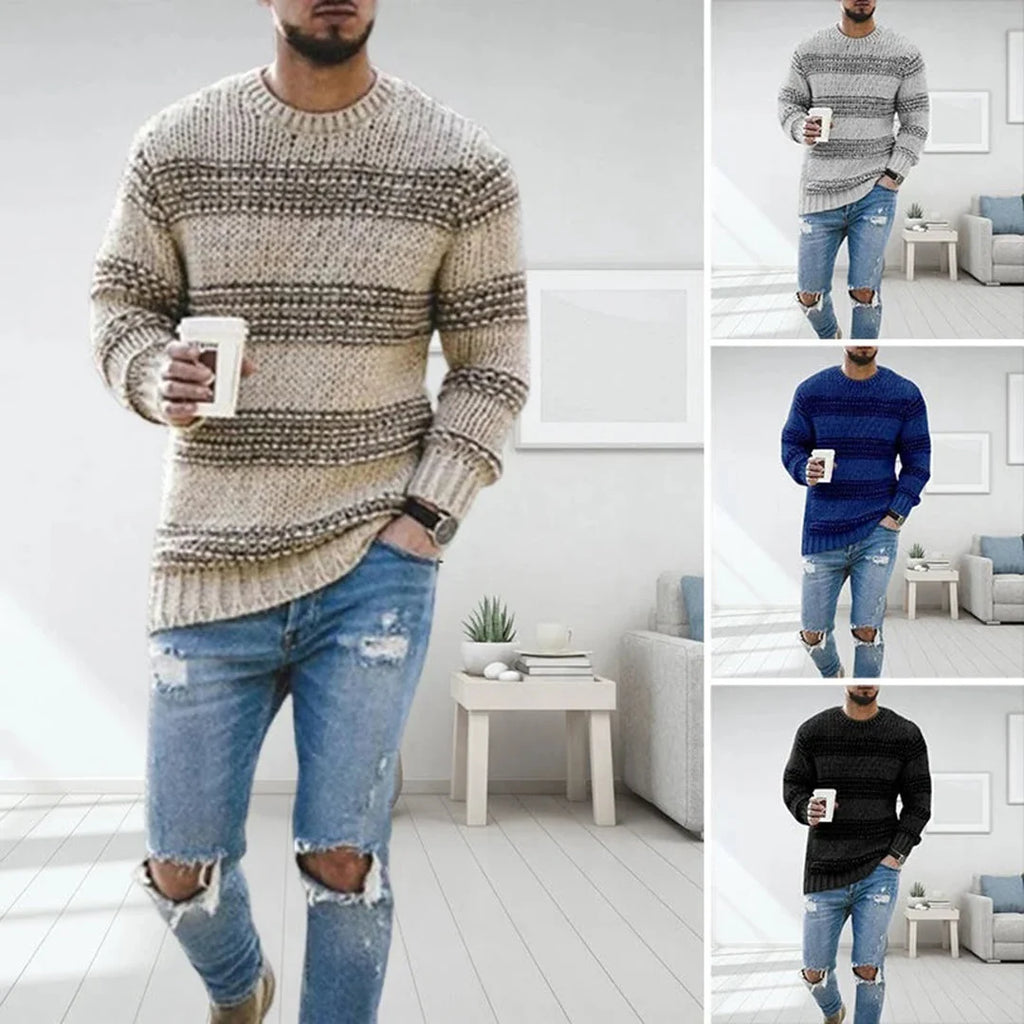 Men's crew neck jumper styled with distressed denim jeans for casual weekend wear