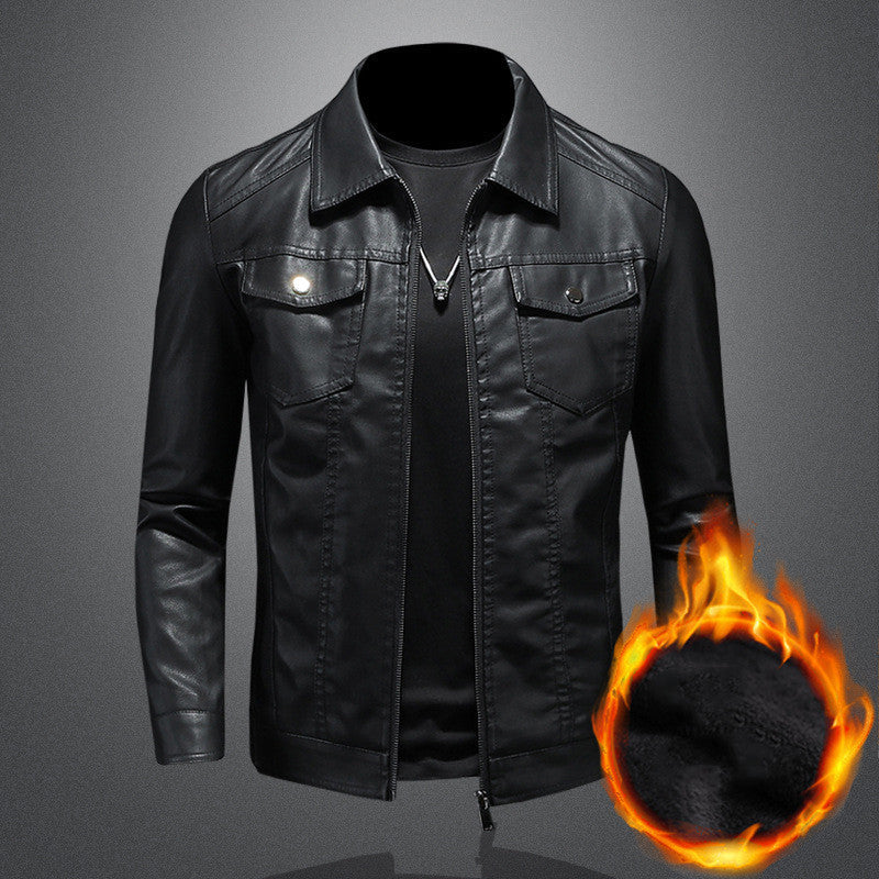 Men's zip front leather jacket in black with classic collar and chest pockets on grey background
