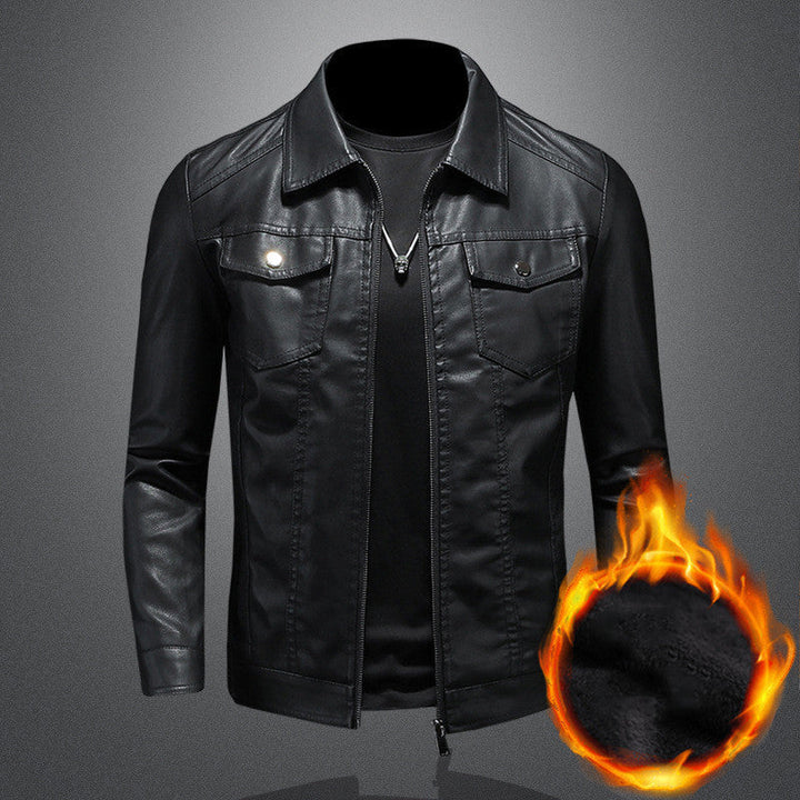 Men's zip front leather jacket in black with classic collar and chest pockets on grey background