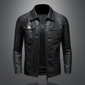 Close-up view of men's leather jacket showing buttoned chest pocket and zip front closure detail