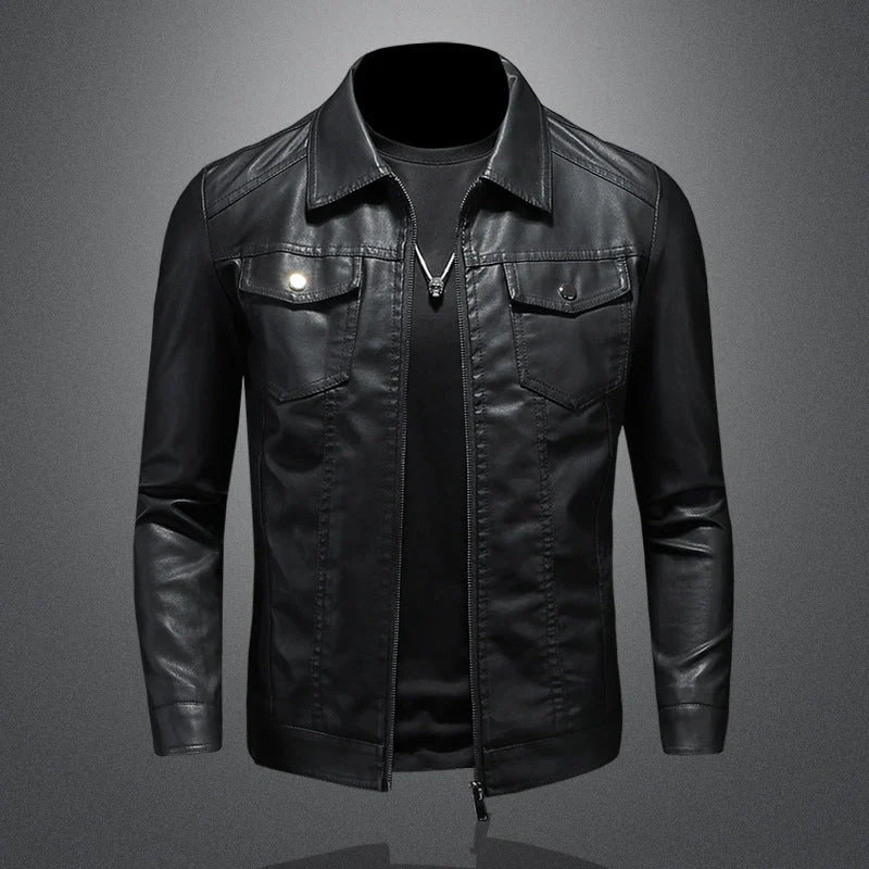 Close-up view of men's leather jacket showing buttoned chest pocket and zip front closure detail