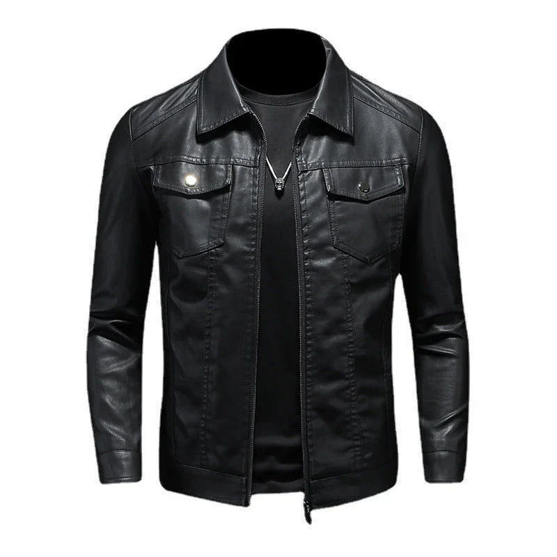 Side angle of men's black leather jacket displaying structured panelling and sleeve design