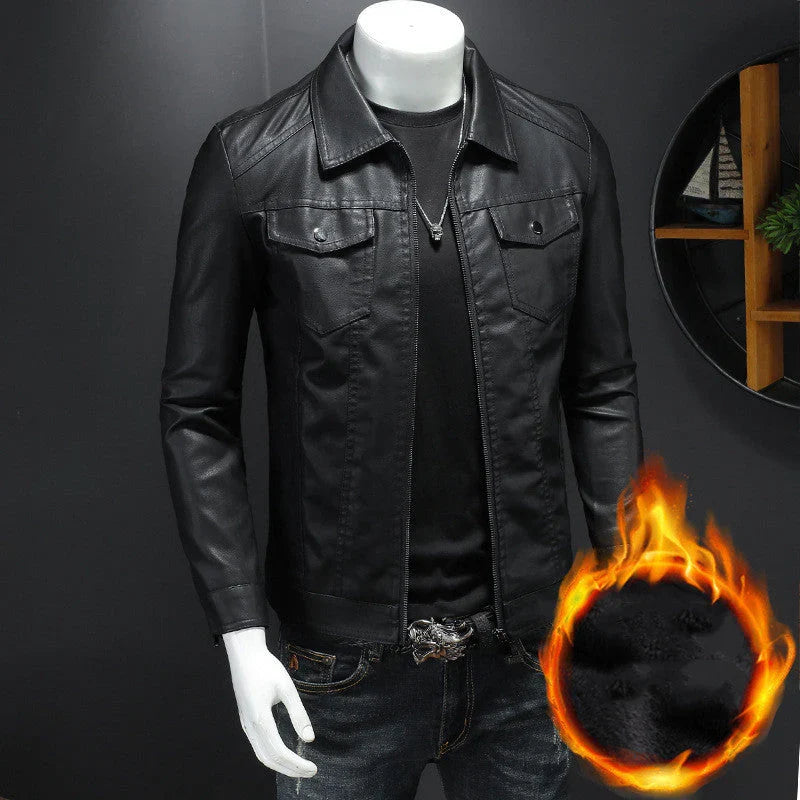 Interior view of men's leather jacket showing soft fleece lining and insulating layer