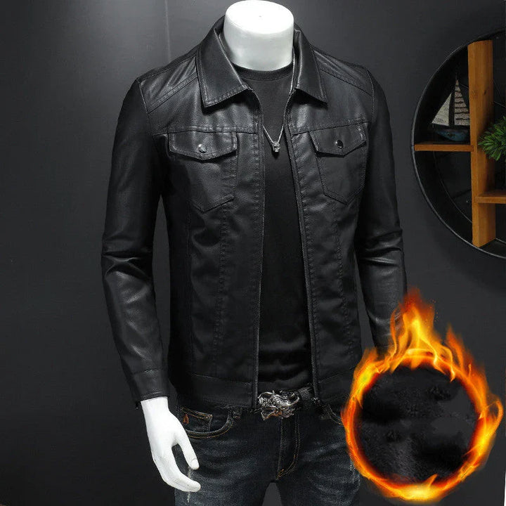 Interior view of men's leather jacket showing soft fleece lining and insulating layer