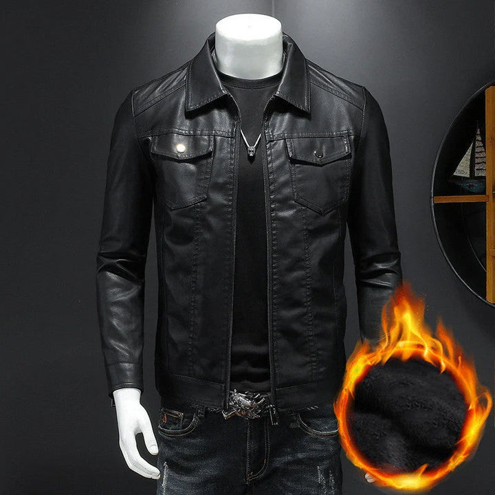 Back view of men's zip front leather jacket showing panelled construction and tailored fit