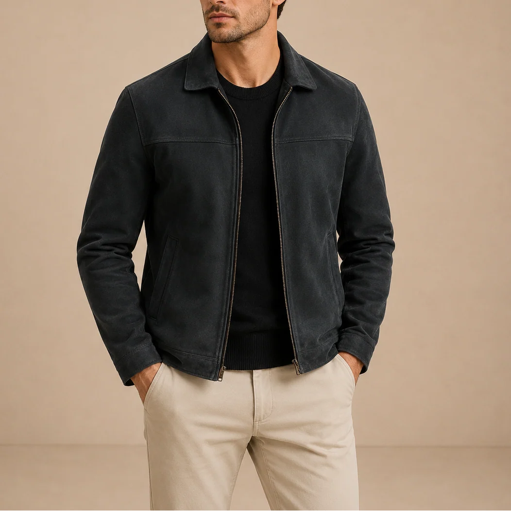 Men's zip-up jacket in charcoal with classic collar and full-zip closure worn over black jumper