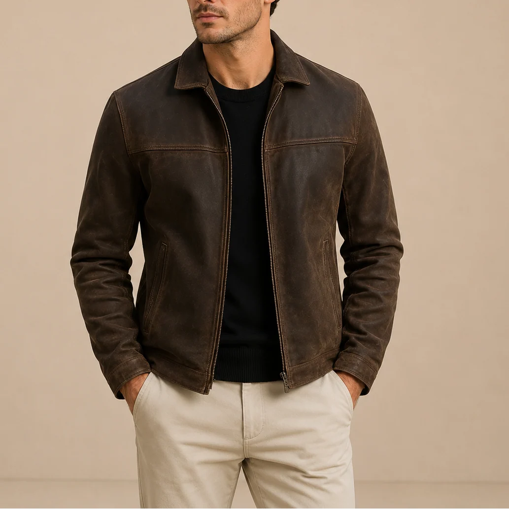 Close-up view of men's zip-up jacket showing smooth finish and structured collar detail