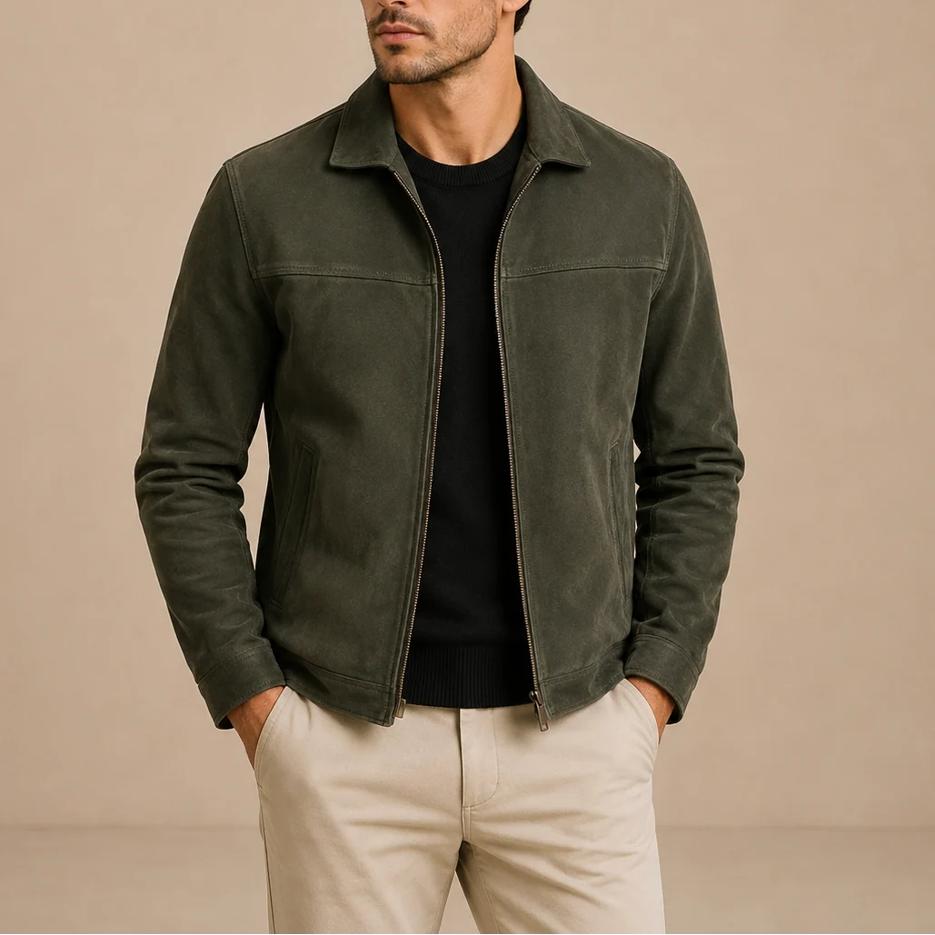 Side view of men's zip-up jacket highlighting relaxed fit and side pocket placement