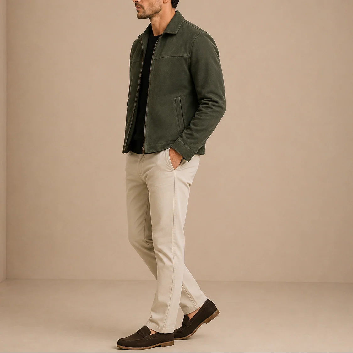 Men's zip-up jacket styled with beige chinos for smart-casual everyday wear