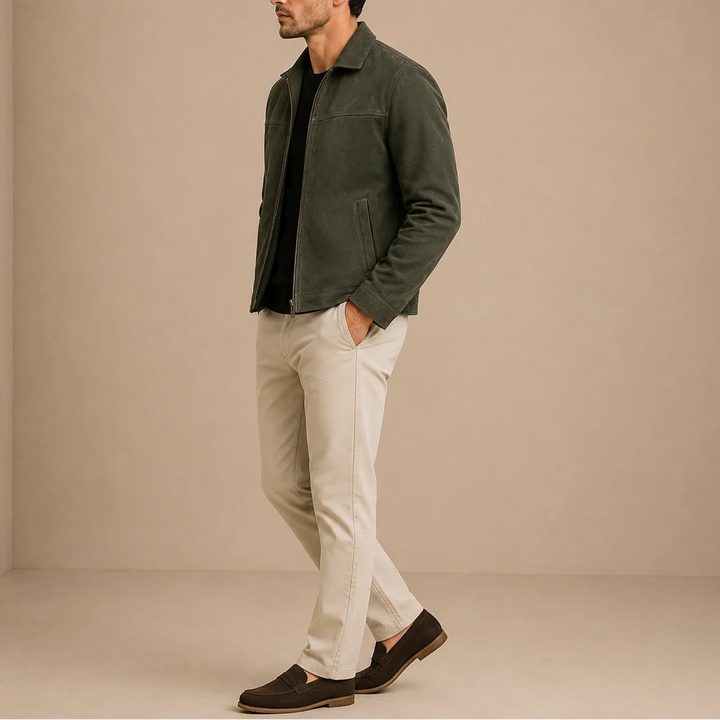 Men's zip-up jacket styled with beige chinos for smart-casual everyday wear