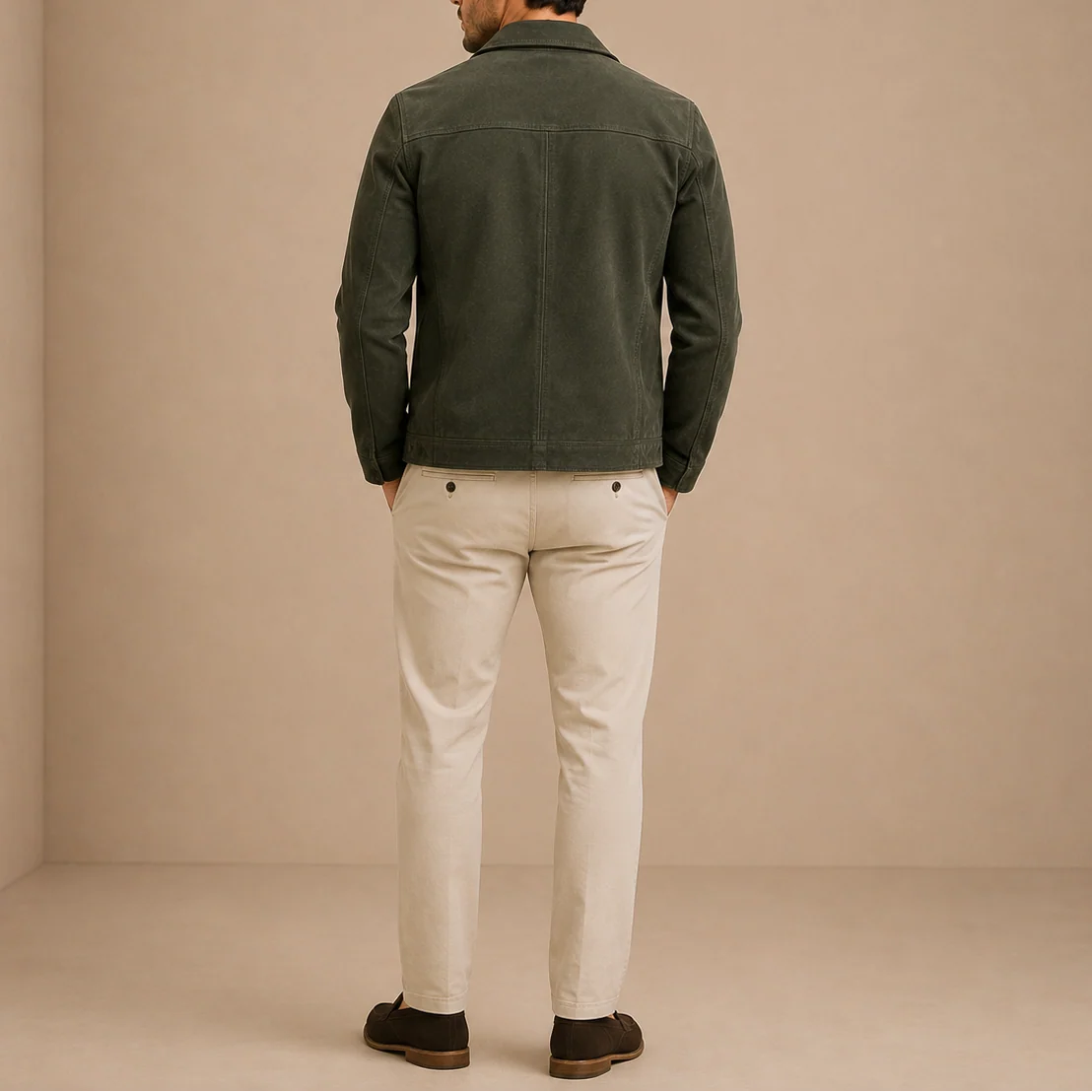 Detail shot of men's zip-up jacket showing full-length zip closure and long sleeves