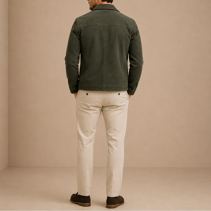 Detail shot of men's zip-up jacket showing full-length zip closure and long sleeves
