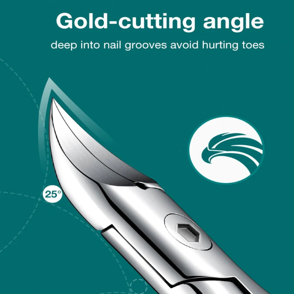 Toenail clippers with curved blade and 25-degree cutting angle shown against teal background