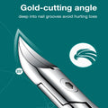Toenail clippers with curved blade and 25-degree cutting angle shown against teal background