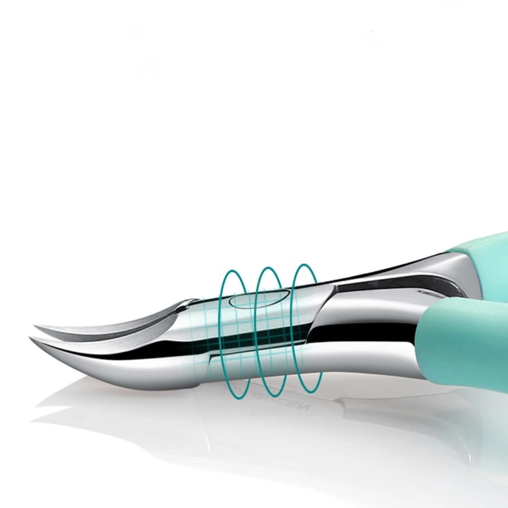 Close-up view of stainless steel toenail clippers showing ergonomic handle design