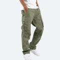 Side view of men's cargo trousers showing drawstring waist and straight-leg silhouette with cargo pockets