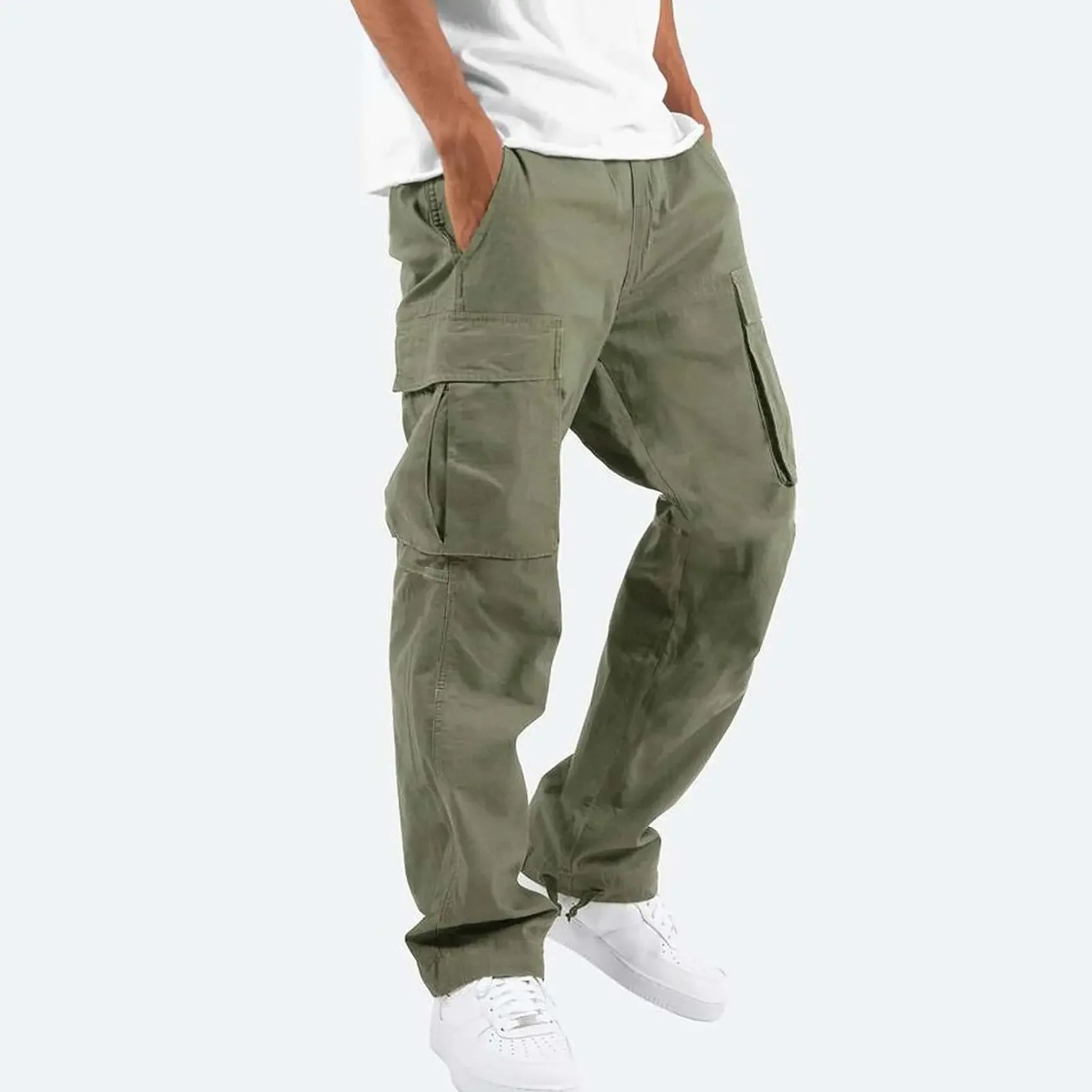 Side view of men's cargo trousers showing drawstring waist and straight-leg silhouette with cargo pockets
