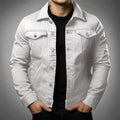 Men's denim jacket in white with classic collar, button-front closure, and chest pockets