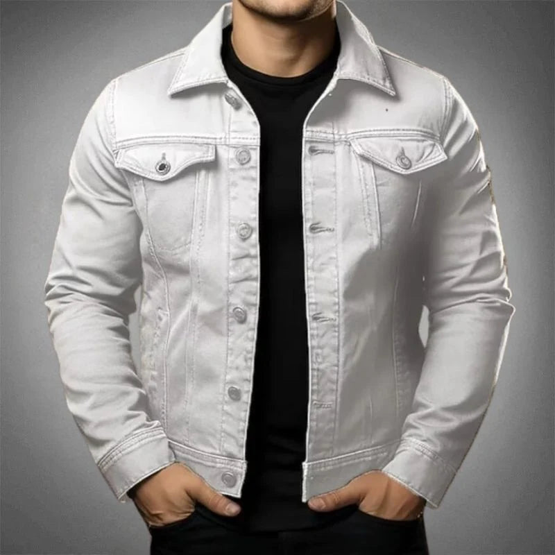 Men's denim jacket in white with classic collar, button-front closure, and chest pockets