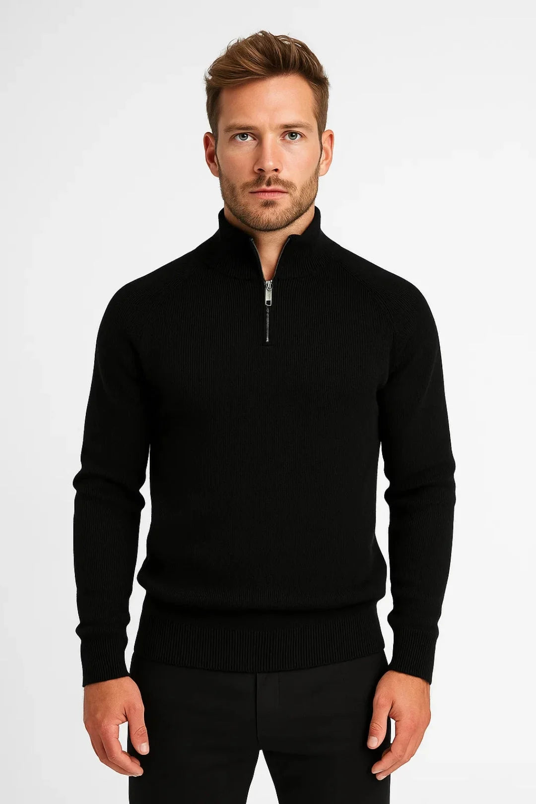 Close-up view of men's ribbed knit jumper showing quarter-zip closure and stand collar detail