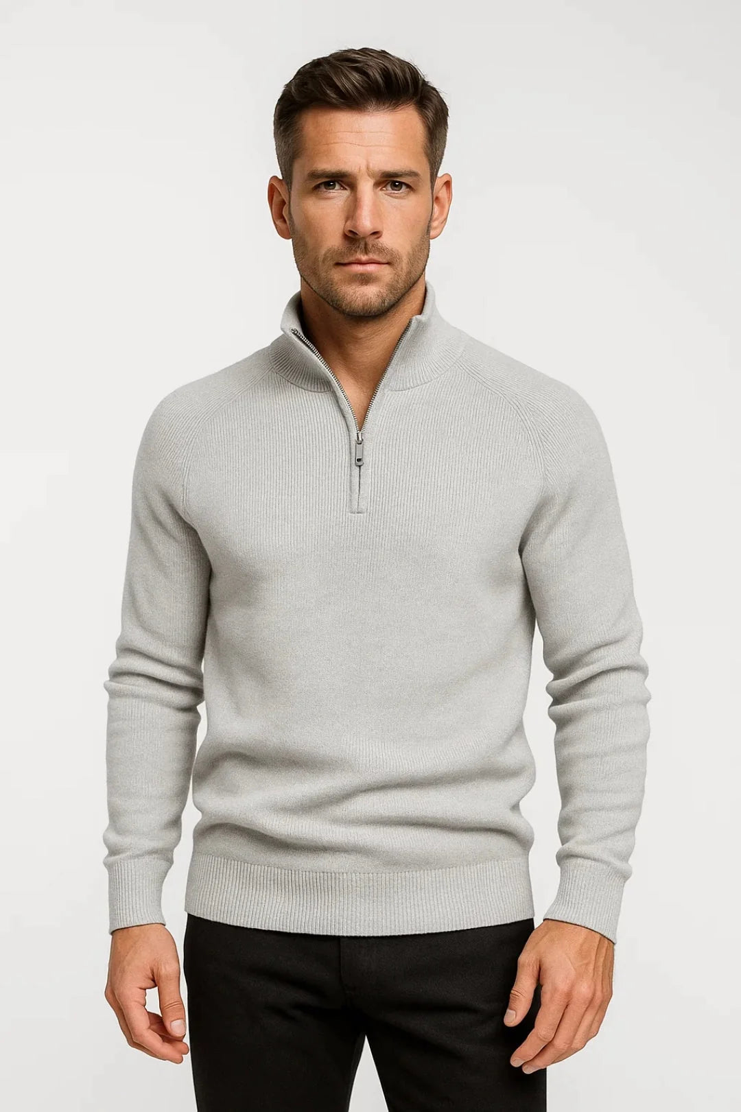 Side view of men's navy quarter-zip jumper displaying relaxed fit and raglan sleeve construction