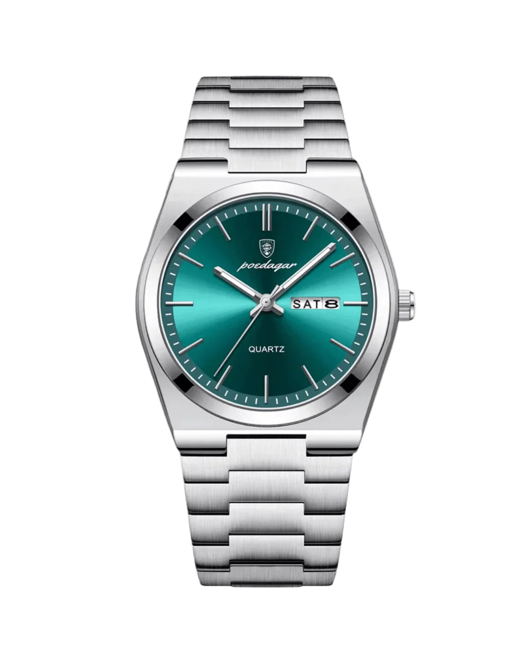 Men's stainless steel quartz watch with gradient green dial and brushed metal bracelet on white background