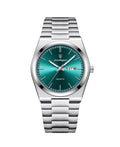 Men's stainless steel quartz watch with gradient green dial and brushed metal bracelet on white background