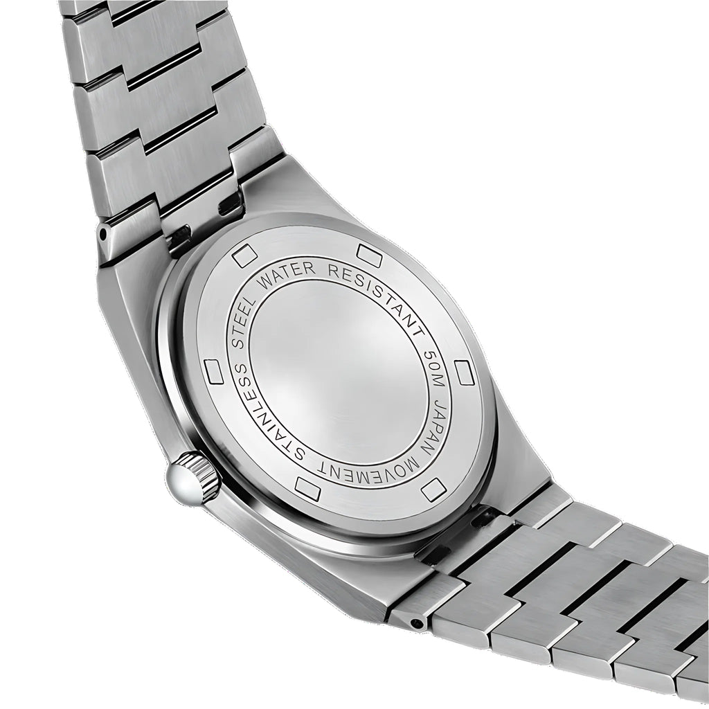 Close-up view of men's quartz watch showing day-date display and luminous hands on gradient dial