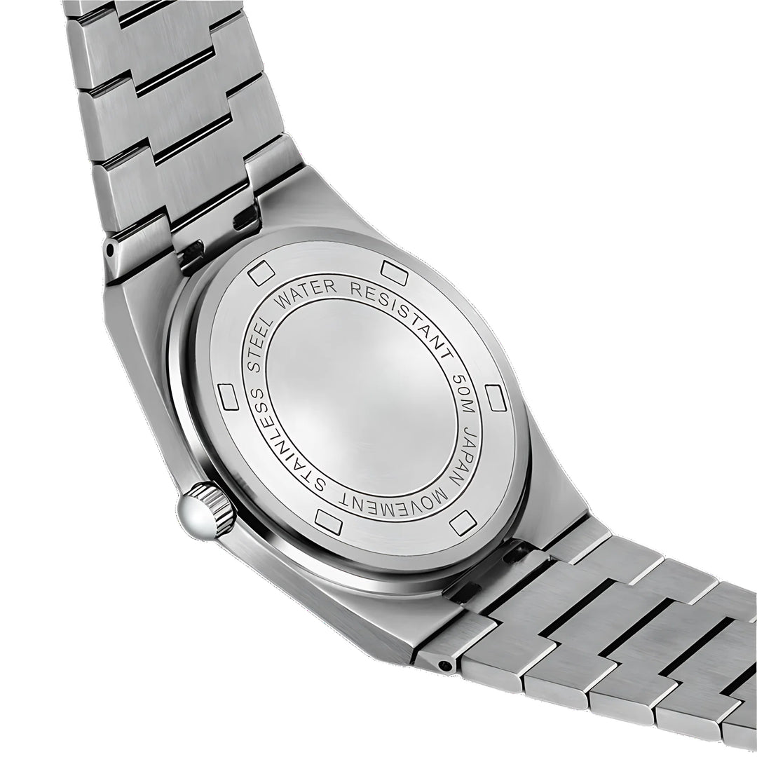 Close-up view of men's quartz watch showing day-date display and luminous hands on gradient dial