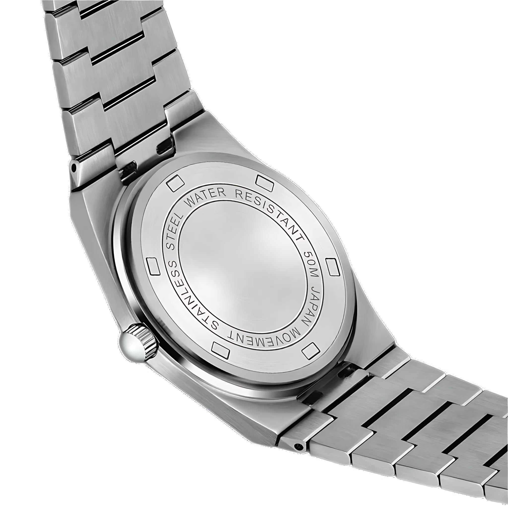 Close-up view of men's quartz watch showing day-date display and luminous hands on gradient dial
