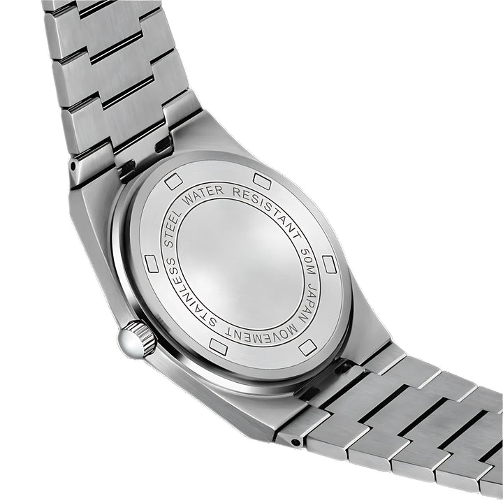 Close-up view of men's quartz watch showing day-date display and luminous hands on gradient dial