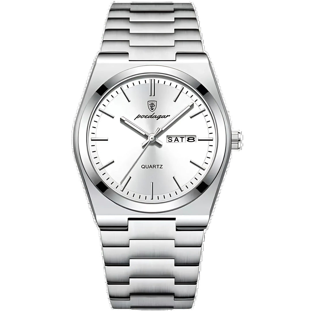 Side profile of stainless steel men's watch displaying brushed case finish and integrated bracelet links