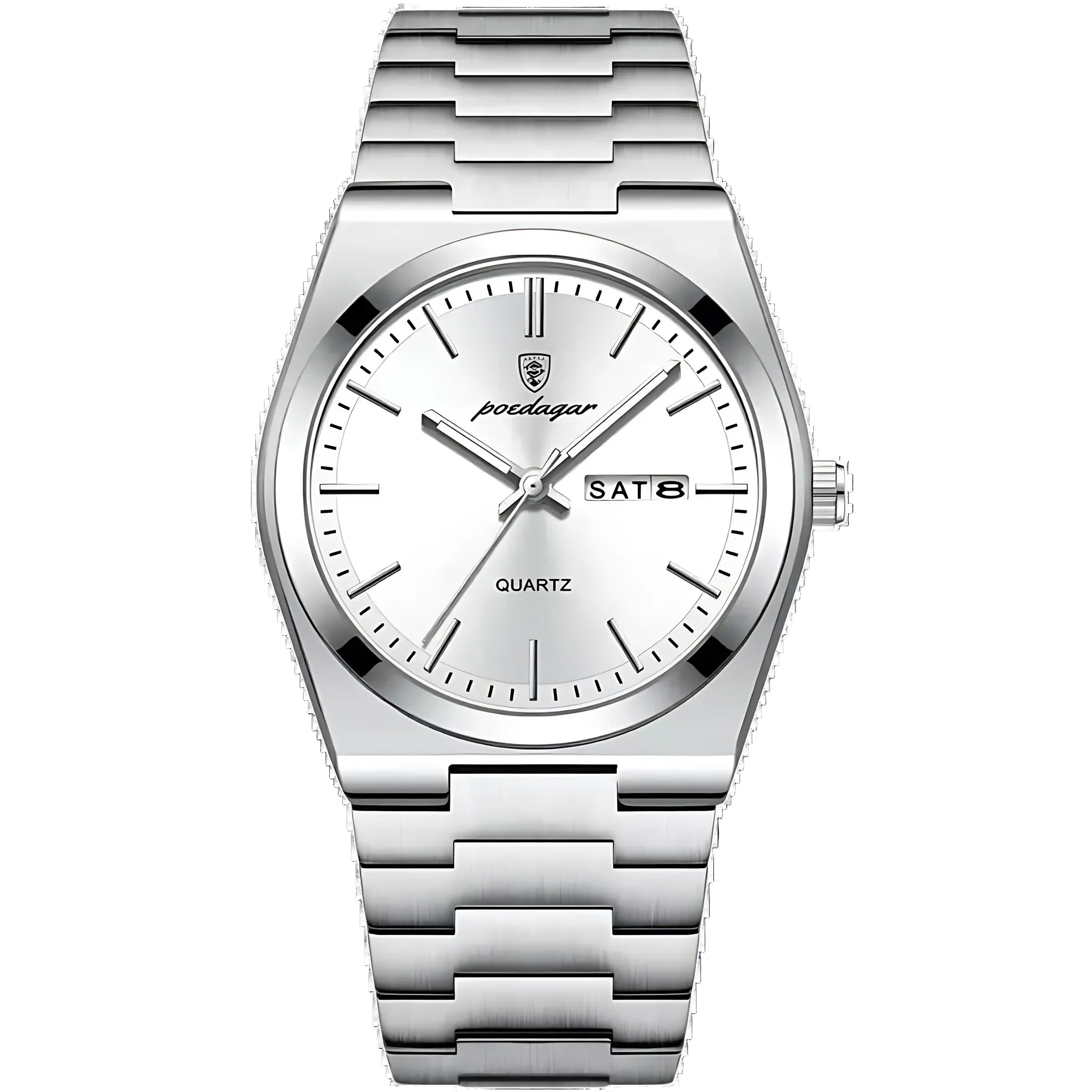 Side profile of stainless steel men's watch displaying brushed case finish and integrated bracelet links