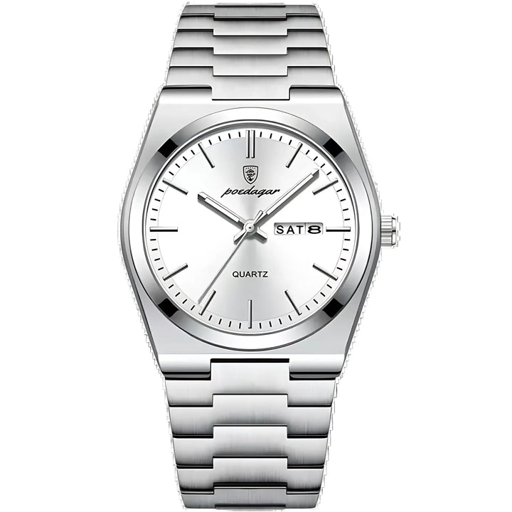 Side profile of stainless steel men's watch displaying brushed case finish and integrated bracelet links