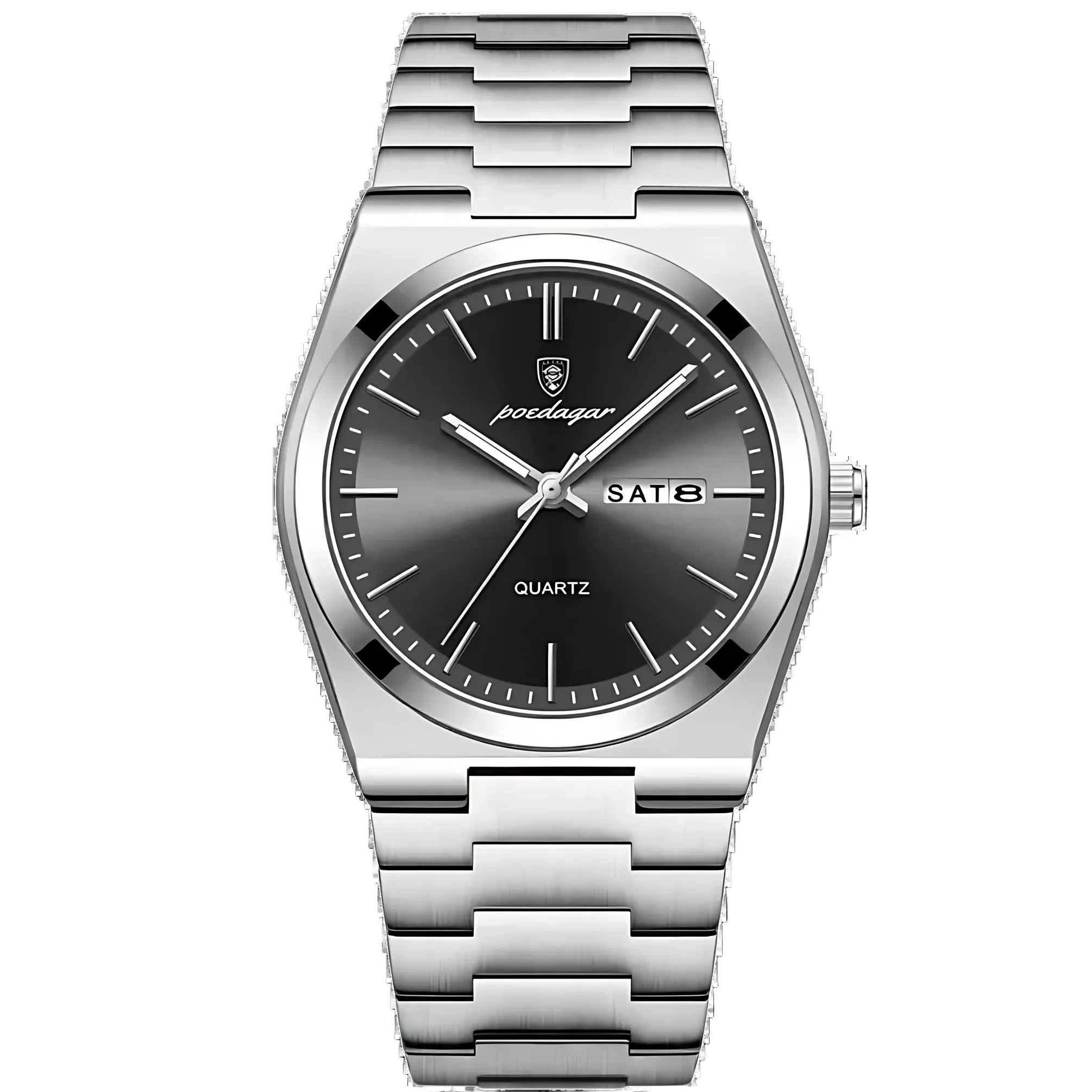 Men's stainless steel watch with fold-over clasp and adjustable bracelet sizing for secure fit