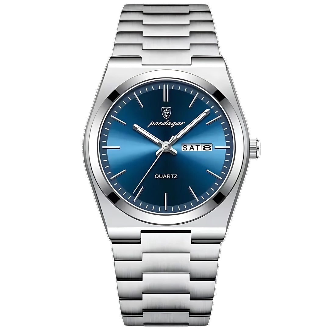 Full view of men's quartz watch showcasing 40mm case diameter and polished bezel detail