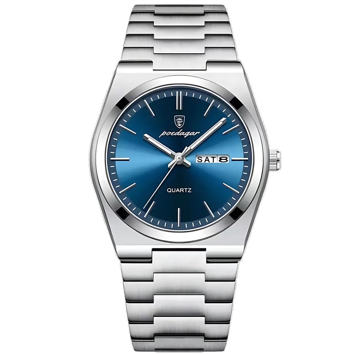Full view of men's quartz watch showcasing 40mm case diameter and polished bezel detail